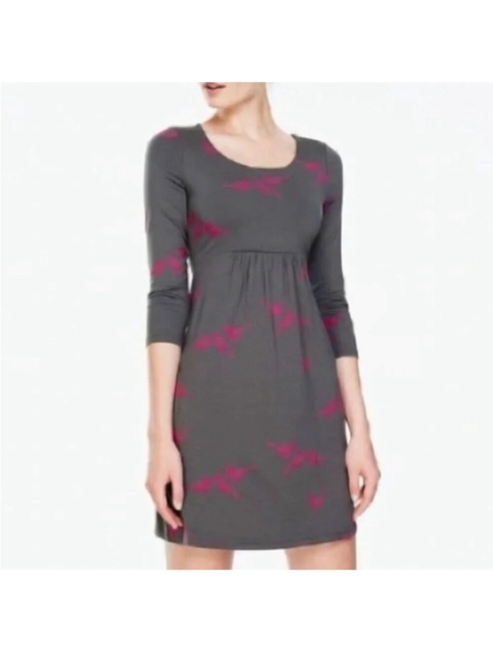 Boden Must Have Gray Pink Bird Print 3/4 Sleeve Knit Tunic Dress 6L EUC